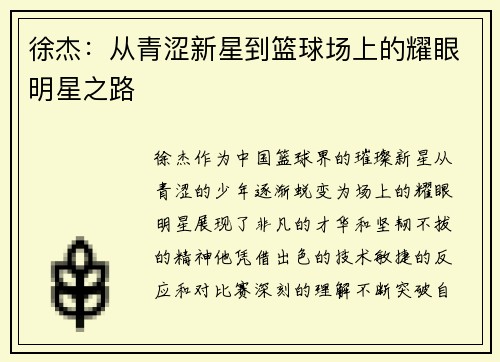 徐杰：从青涩新星到篮球场上的耀眼明星之路